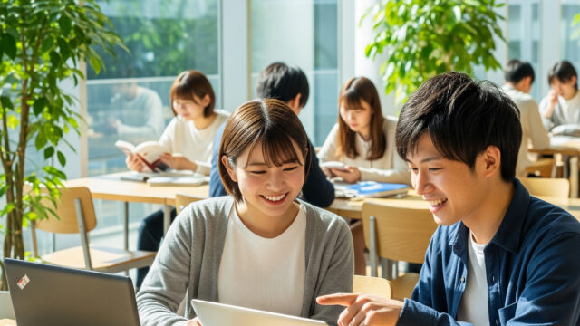 大学構内でパソコン勉強をしている大学生